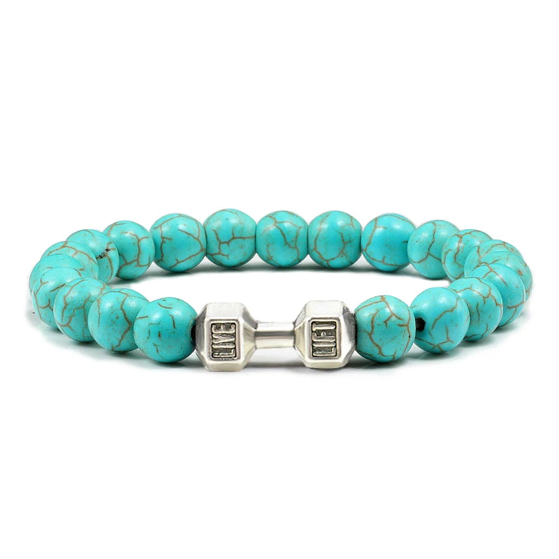 Pulsera de Piedra Volcánica Natural - Diseño Fitness con Charm de Mancuerna