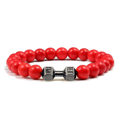 Pulsera de Piedra Volcánica Natural - Diseño Fitness con Charm de Mancuerna