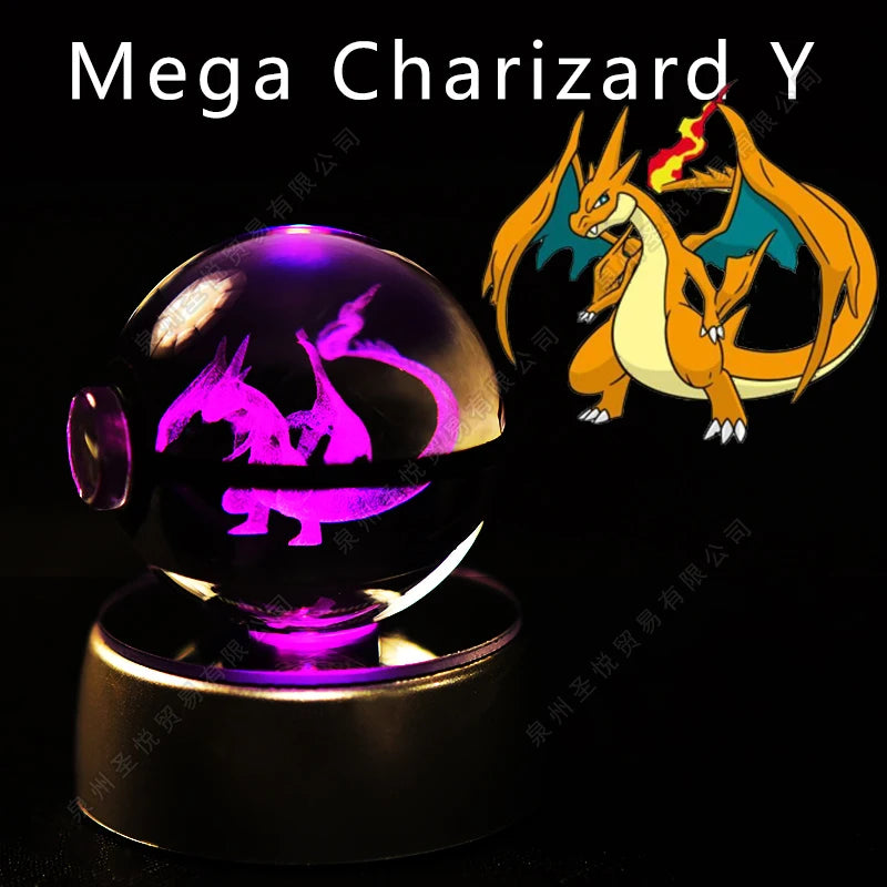 Pokemon 3D Crystal Ball Night Light - Pikachu Gengar Mewtwo LED Lamp with Rotating Base