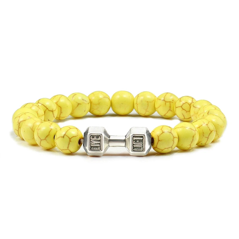 Pulsera de Piedra Volcánica Natural - Diseño Fitness con Charm de Mancuerna