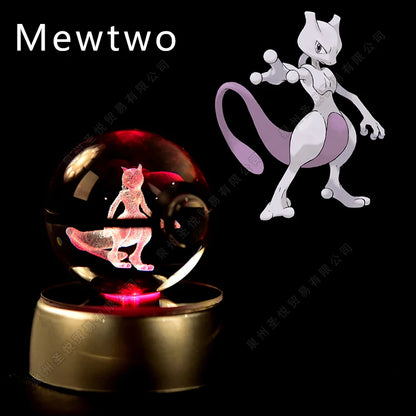 Pokemon 3D Crystal Ball Night Light - Pikachu Gengar Mewtwo LED Lamp with Rotating Base
