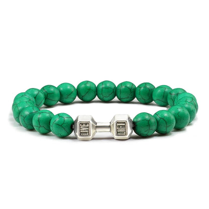 Pulsera de Piedra Volcánica Natural - Diseño Fitness con Charm de Mancuerna